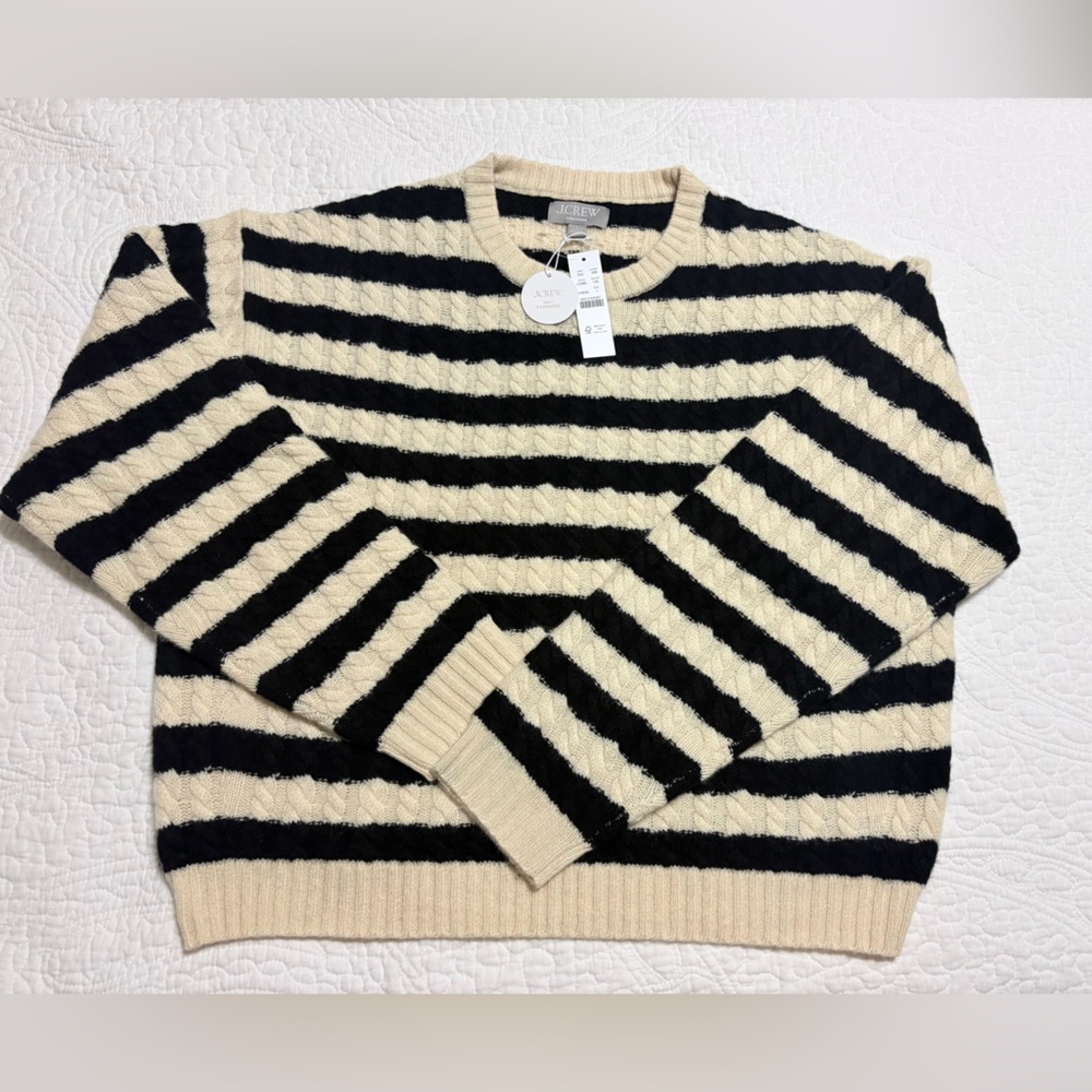 J. Crew cashmere cable-knit crewneck sweater in black and ivory stripe, size L - Picture 4 of 11